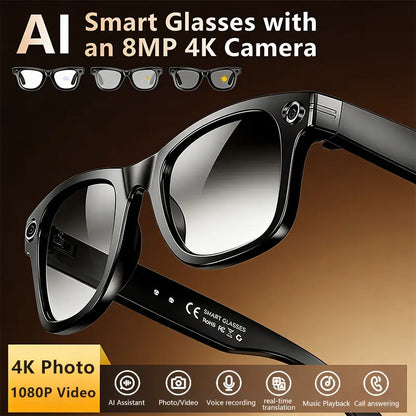 Multifunctional Smart AI Camera Glasses with 8MP Camera, Built-In Smart Voice Assistant, 160+ Languages Real-Time Translation, Photochromic Lenses, Bluetooth, Video Recording, Touch Adjustment, Hands-Free Photo & Recording for Travel, Conferences.