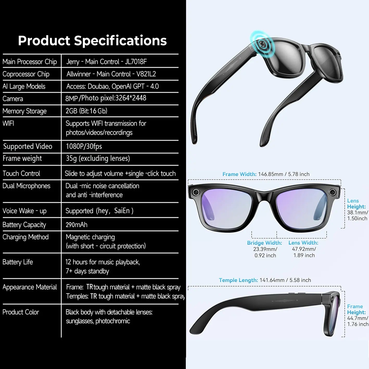 Multifunctional Smart AI Camera Glasses with 8MP Camera, Built-In Smart Voice Assistant, 160+ Languages Real-Time Translation, Photochromic Lenses, Bluetooth, Video Recording, Touch Adjustment, Hands-Free Photo & Recording for Travel, Conferences.