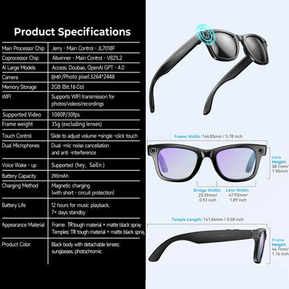 Multifunctional Smart AI Camera Glasses with 8MP Camera, Built-In Smart Voice Assistant, 160+ Languages Real-Time Translation, Photochromic Lenses, Bluetooth, Video Recording, Touch Adjustment, Hands-Free Photo & Recording for Travel, Conferences.